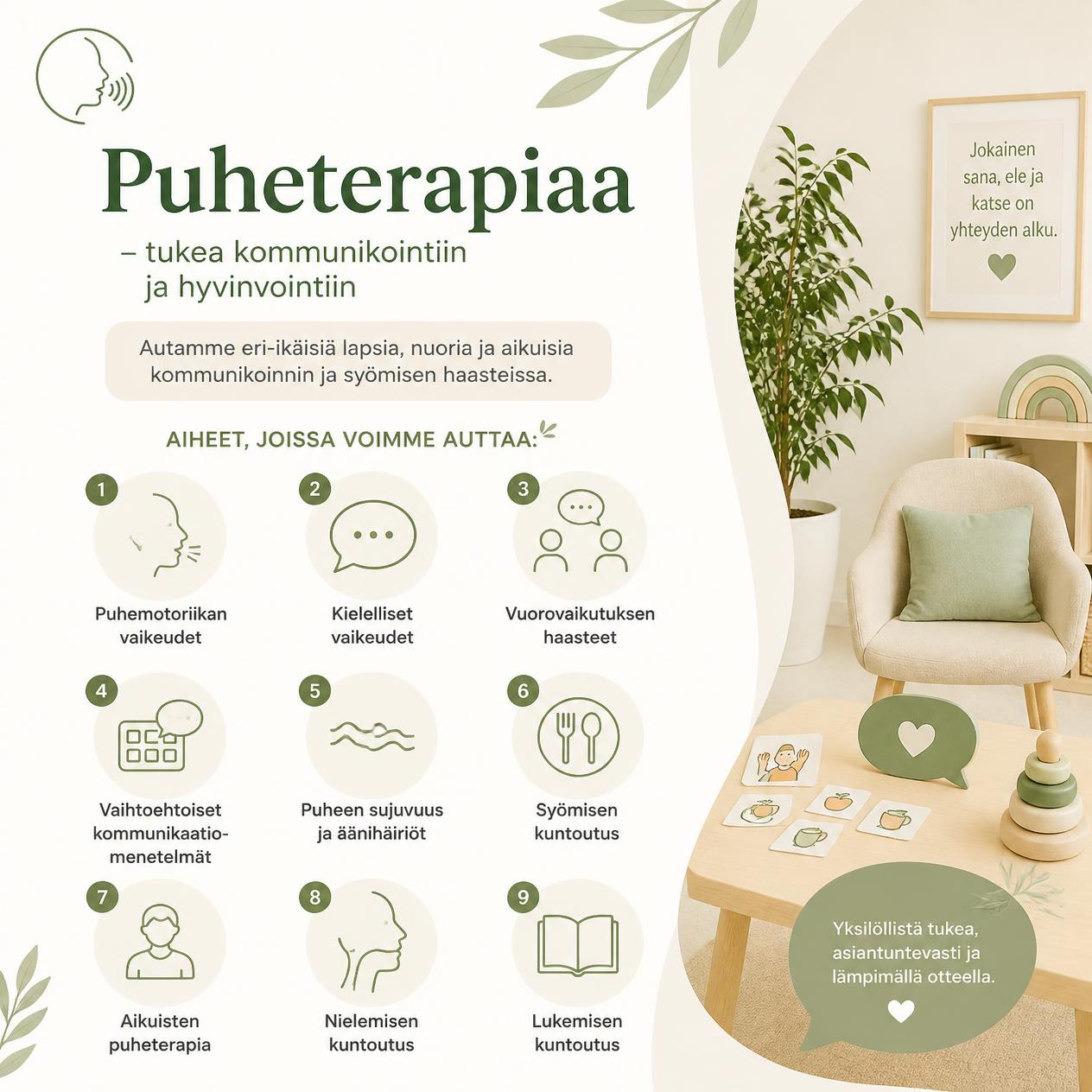 Puheterapiasta apua syömisen, nielemisen ja puheselkeyden haasteisiin. 